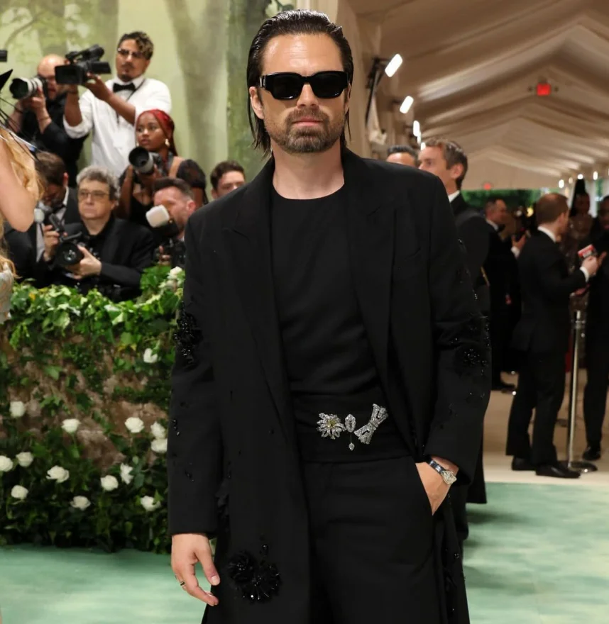 Sebastian Stan wears the platinum Corte watch platnum cartier crash model.